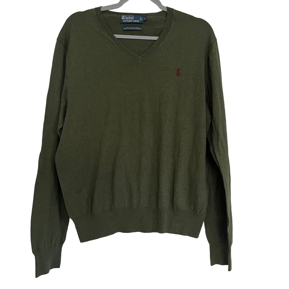 Polo Ralph Lauren Sweater Mens L Green Pima Cotton V-Neck Preppy Pony Logo